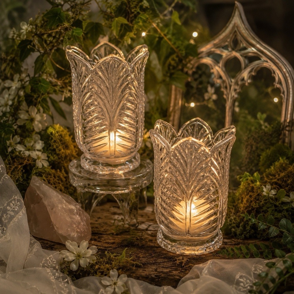 Fifth Avenue Crystal Portico Hurricane Tea Light Holders Enchanted Elvish Leaves